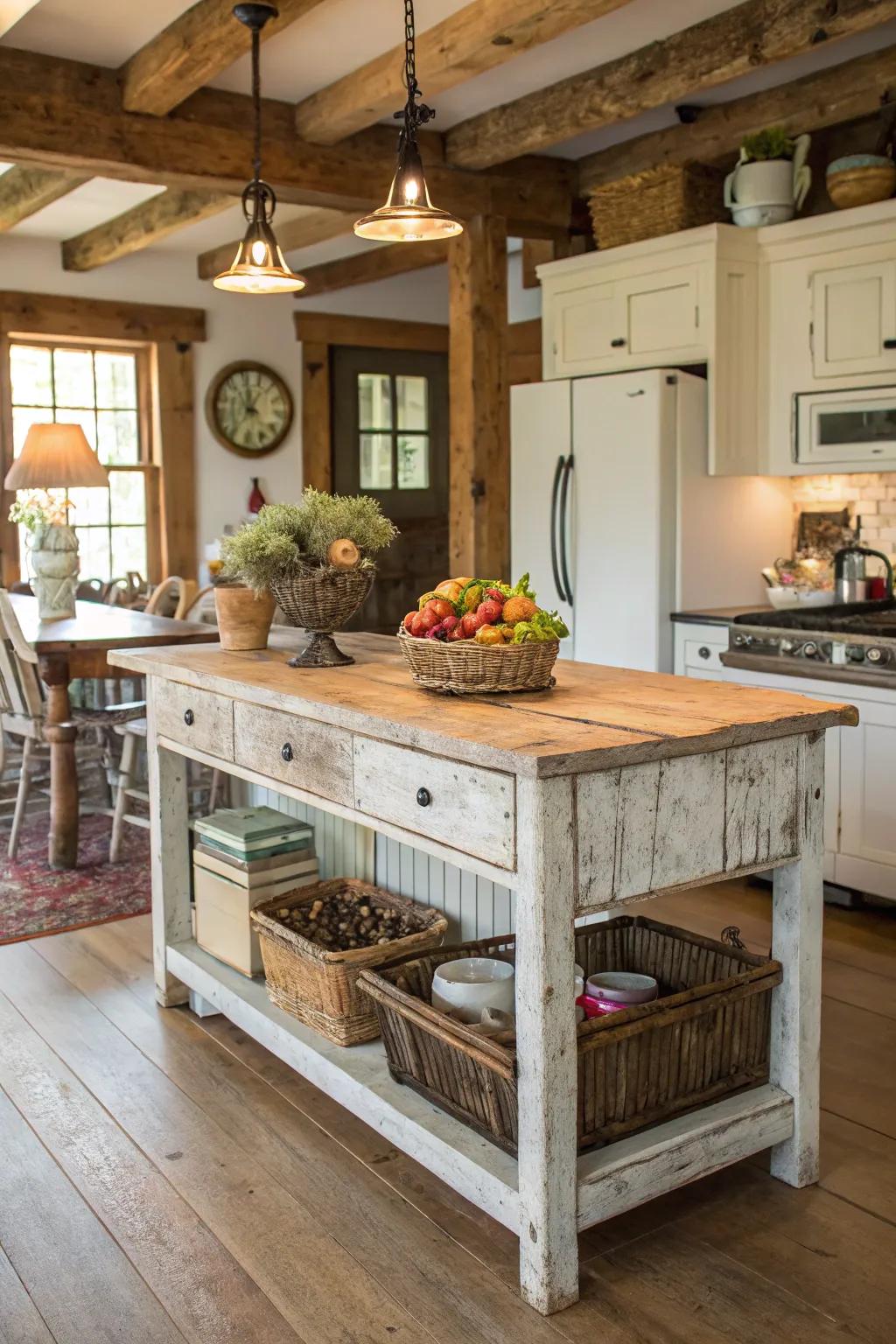 A distressed finish adds personality and vintage charm to the island.