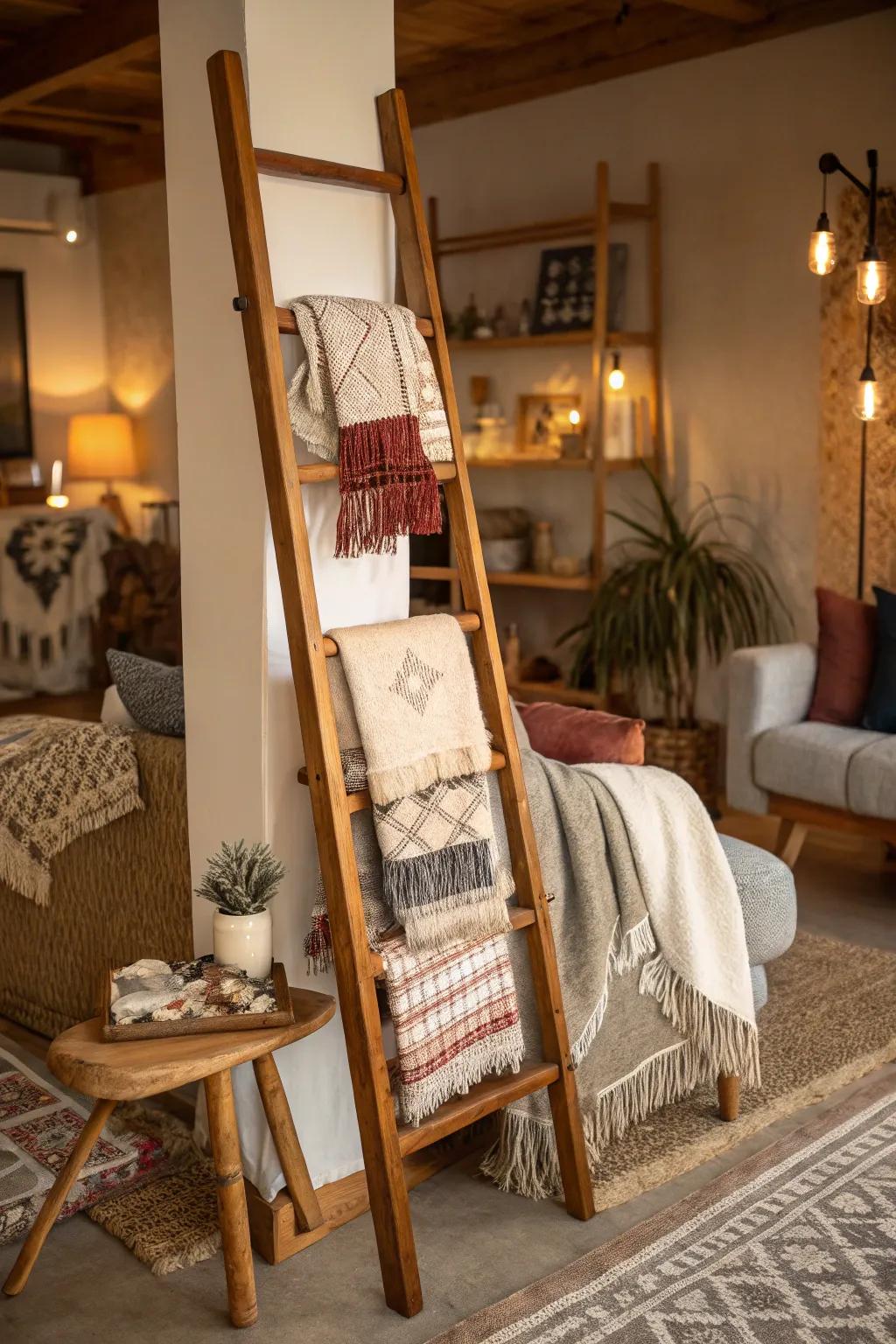 Textile layering on a rustic ladder for added texture