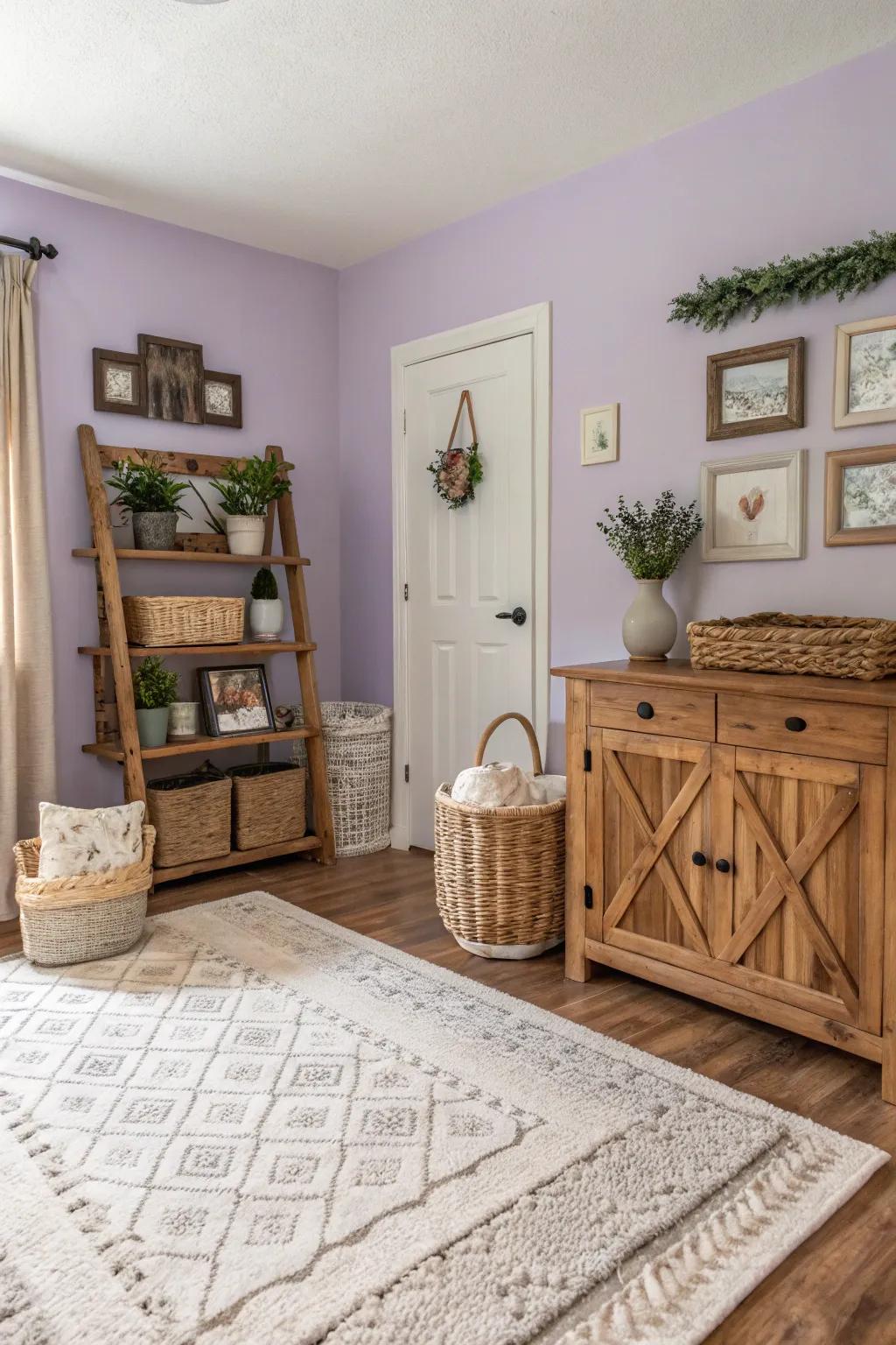 Light lavender walls deliver a fresh, airy feel to this country-style space.
