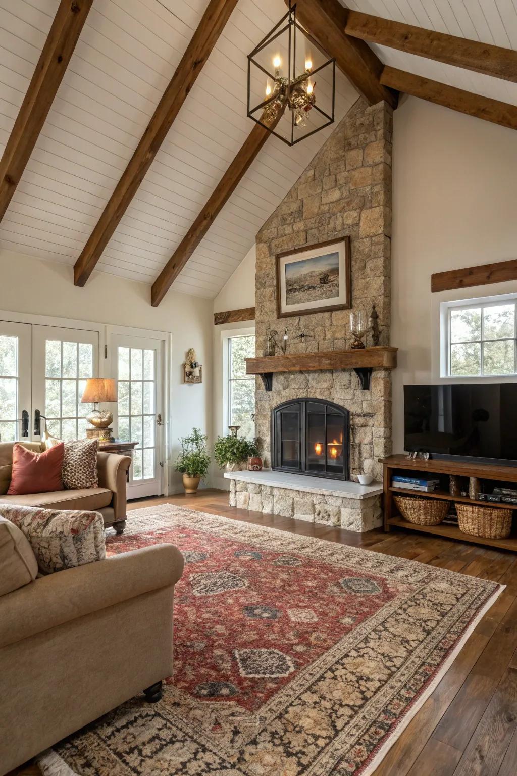 Layered rugs adding warmth to a farmhouse living room.