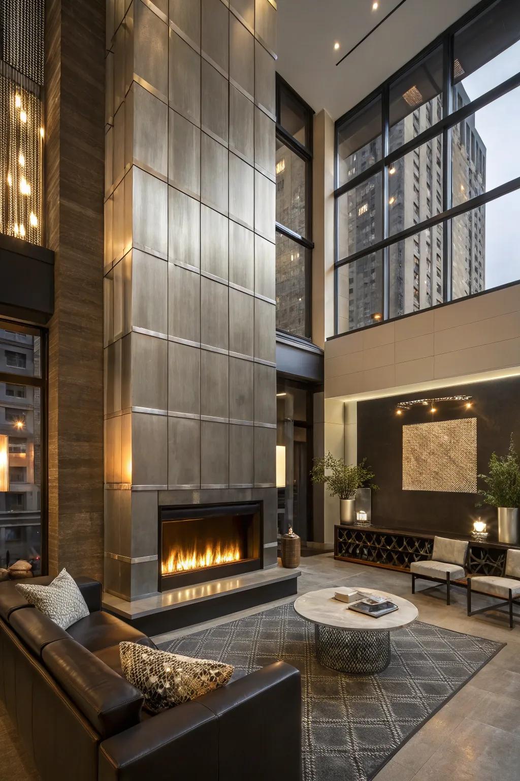 An urban loft showcasing a fireplace accented with polished metallic paneling.