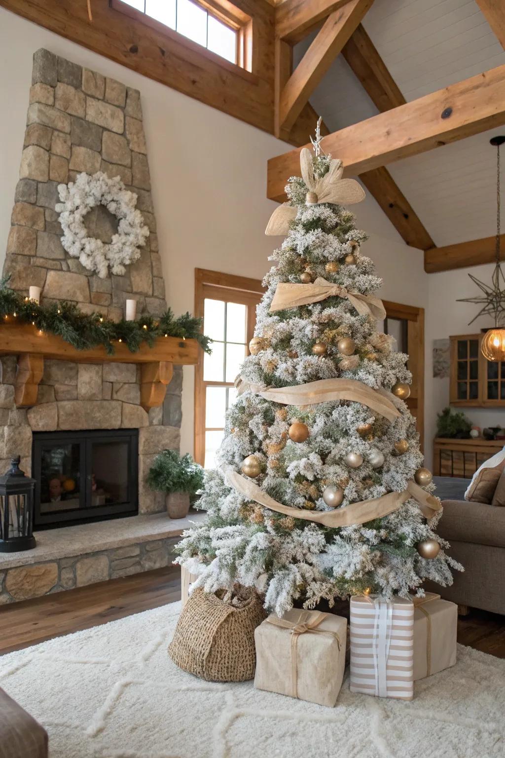 A flocked Christmas tree with a rustic homestead theme.