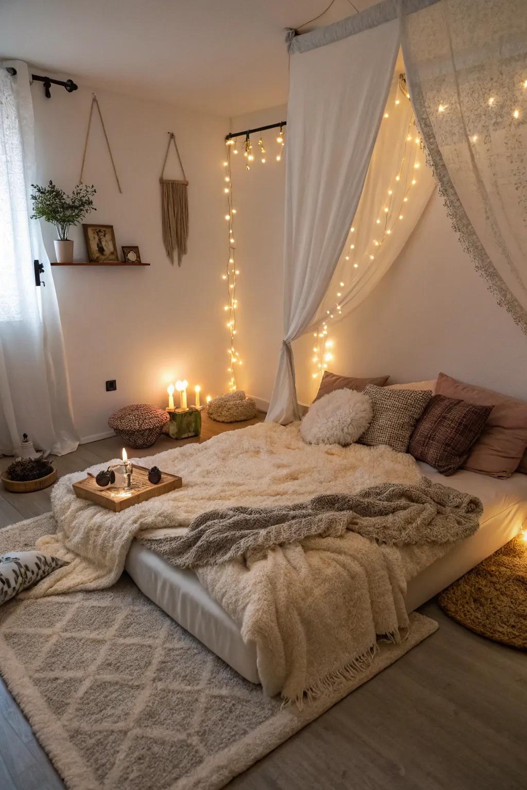 Luxurious fabrics enhance the comfort of a simple floor bed.