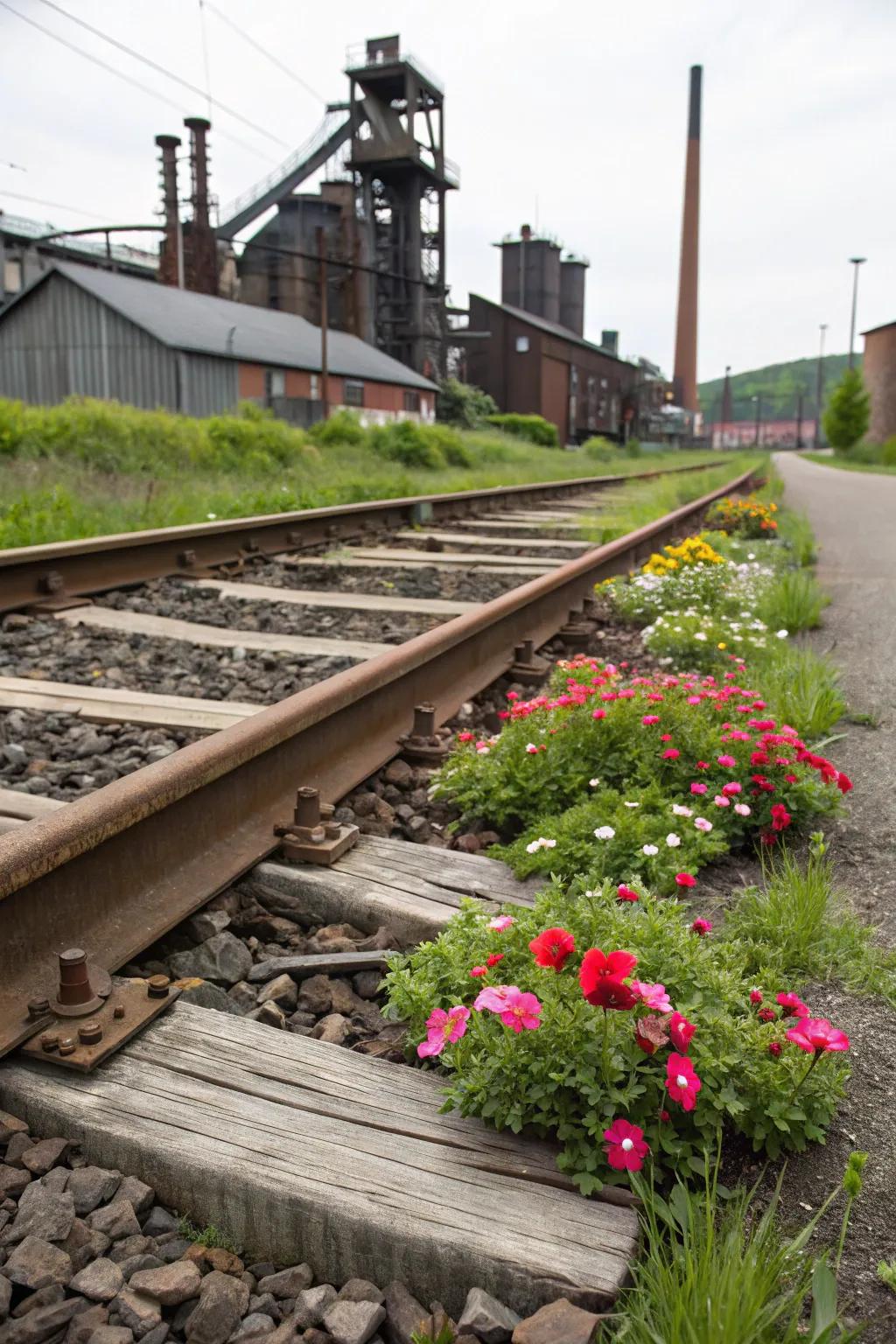 Railway timbers yield a robust and industrial border for flower patches.