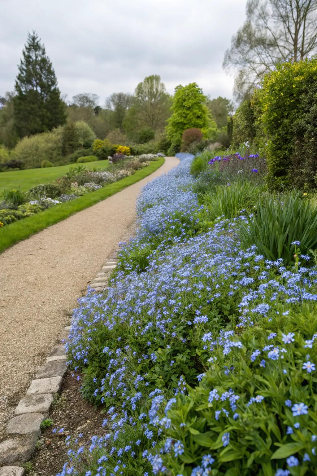 Forget-me-nots along garden perimeters deliver a smooth transition.