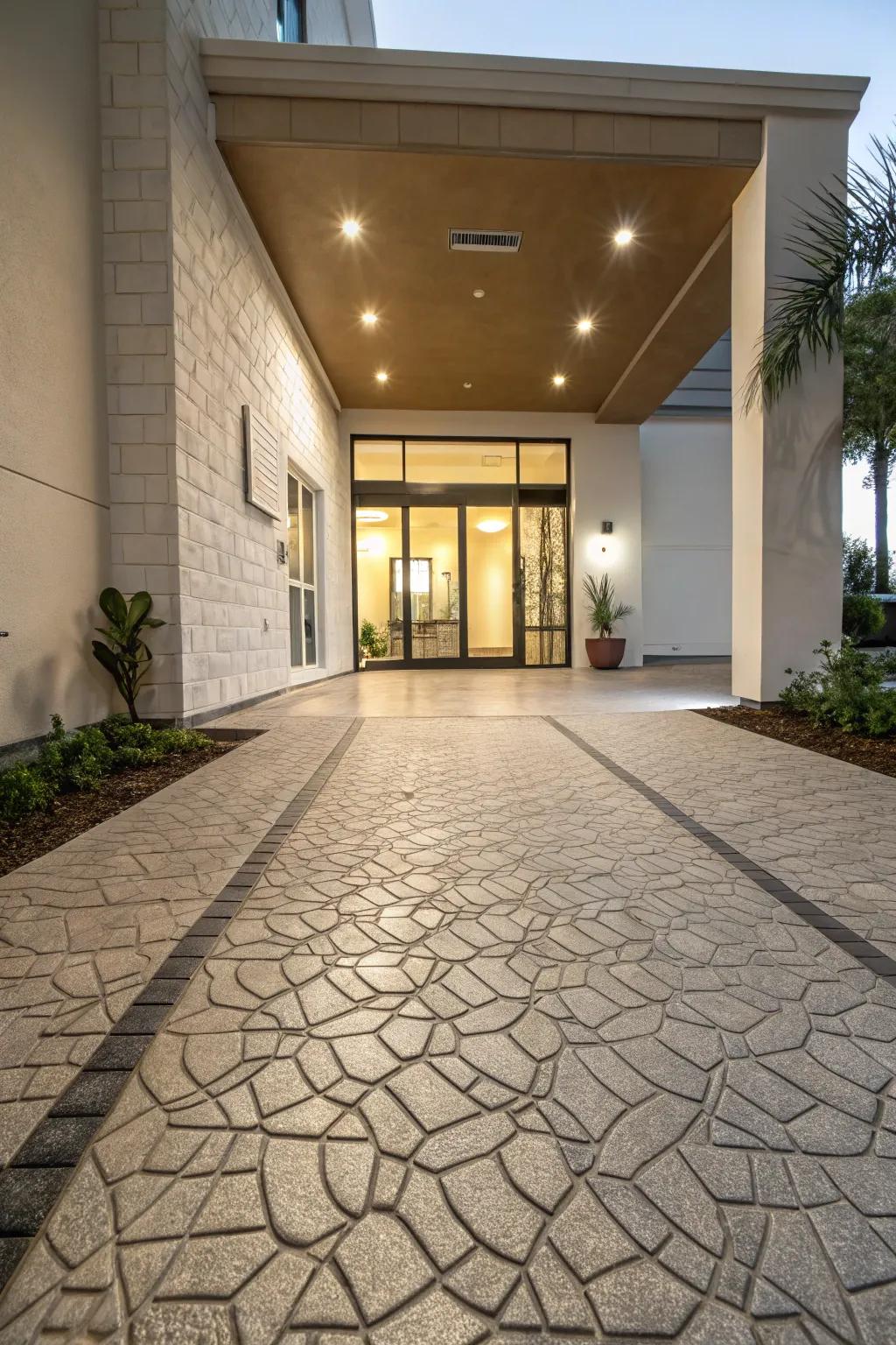 Textured flooring adding a unique and stylish element to the entrance.