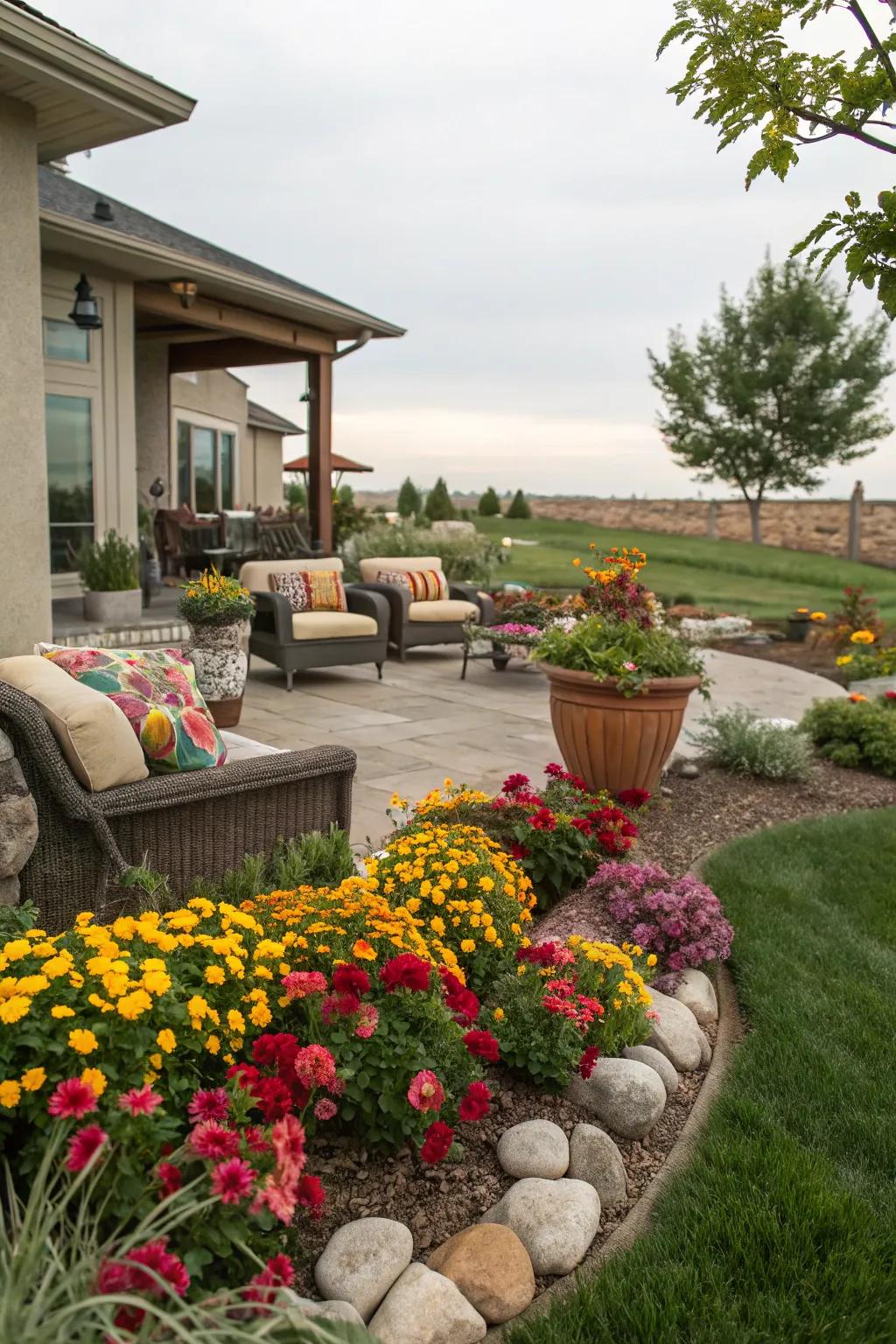 Create a cozy seating area to fully enjoy your flower beds.