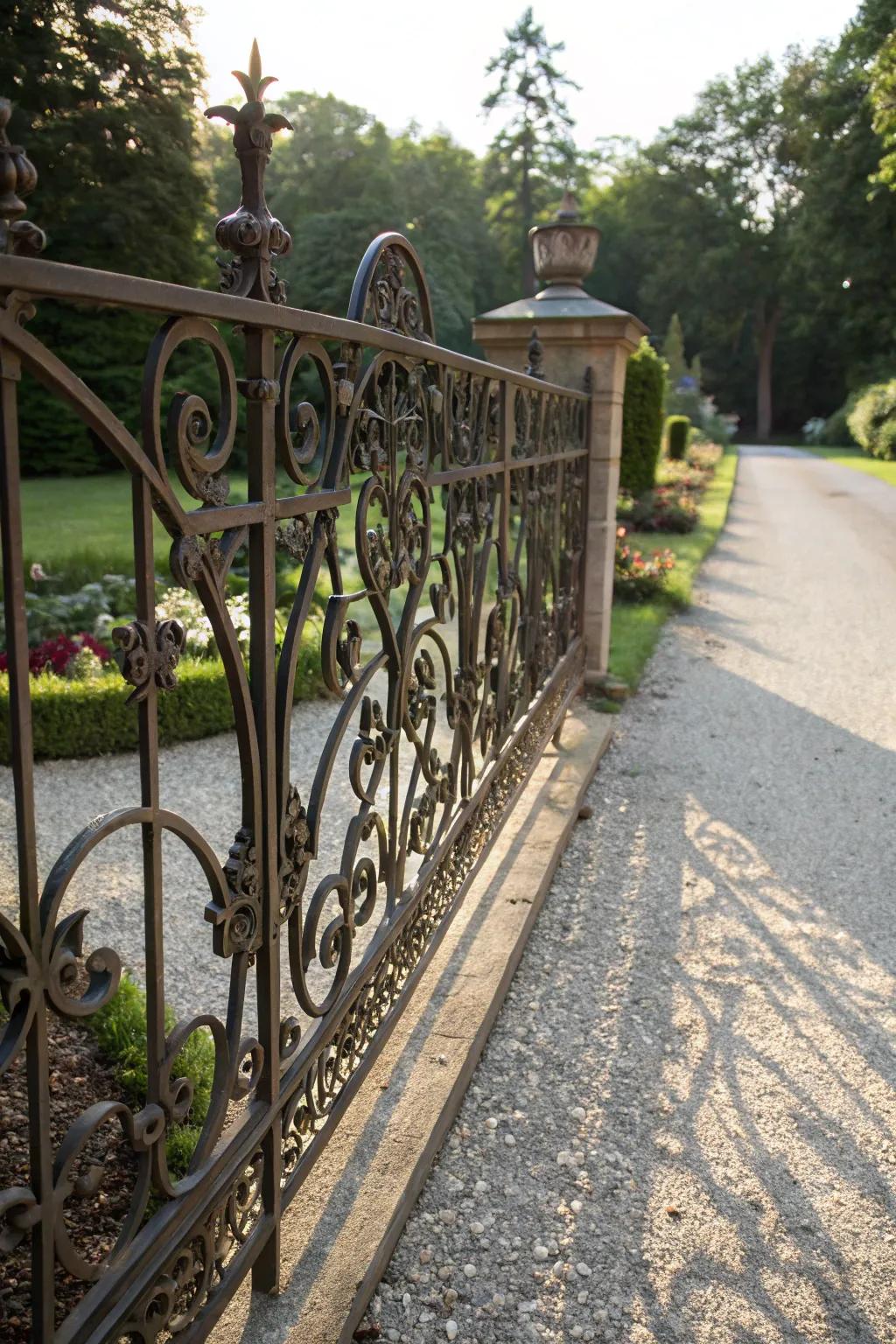 Intricate metalwork designs transform this boundary into a piece of art, enhancing driveway aesthetics.