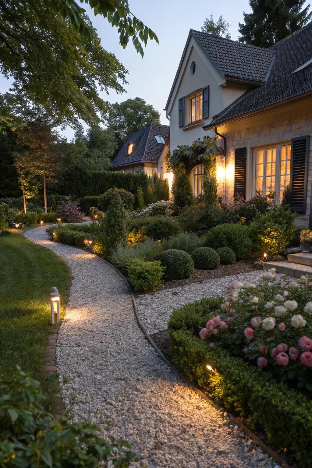 Illumination amidst gravel paths engenders an enchanting evening ambiance.