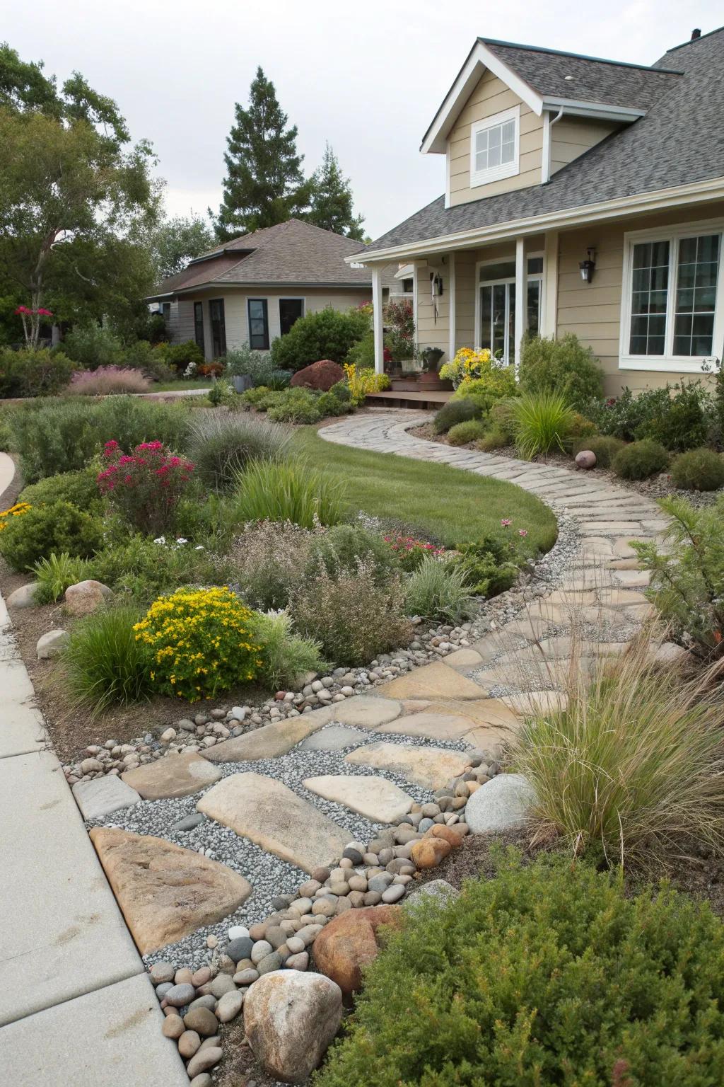 Permeable walkways endorse eco-responsibility within xeriscape plans.