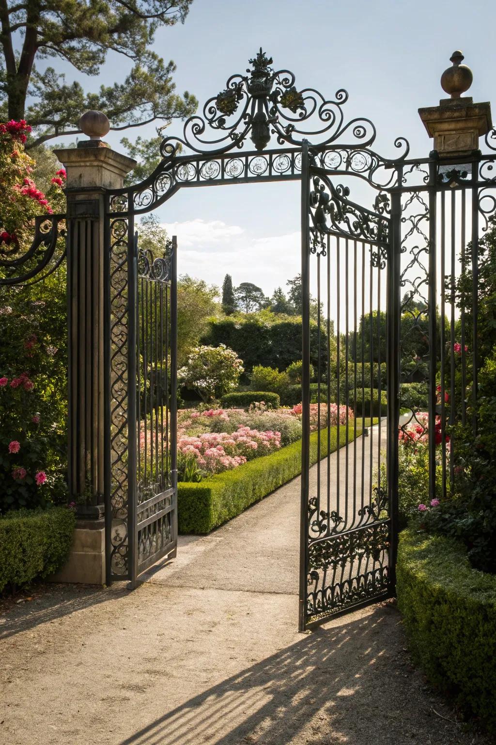 Ornamental iron gate unites elegance with ageless robustness.