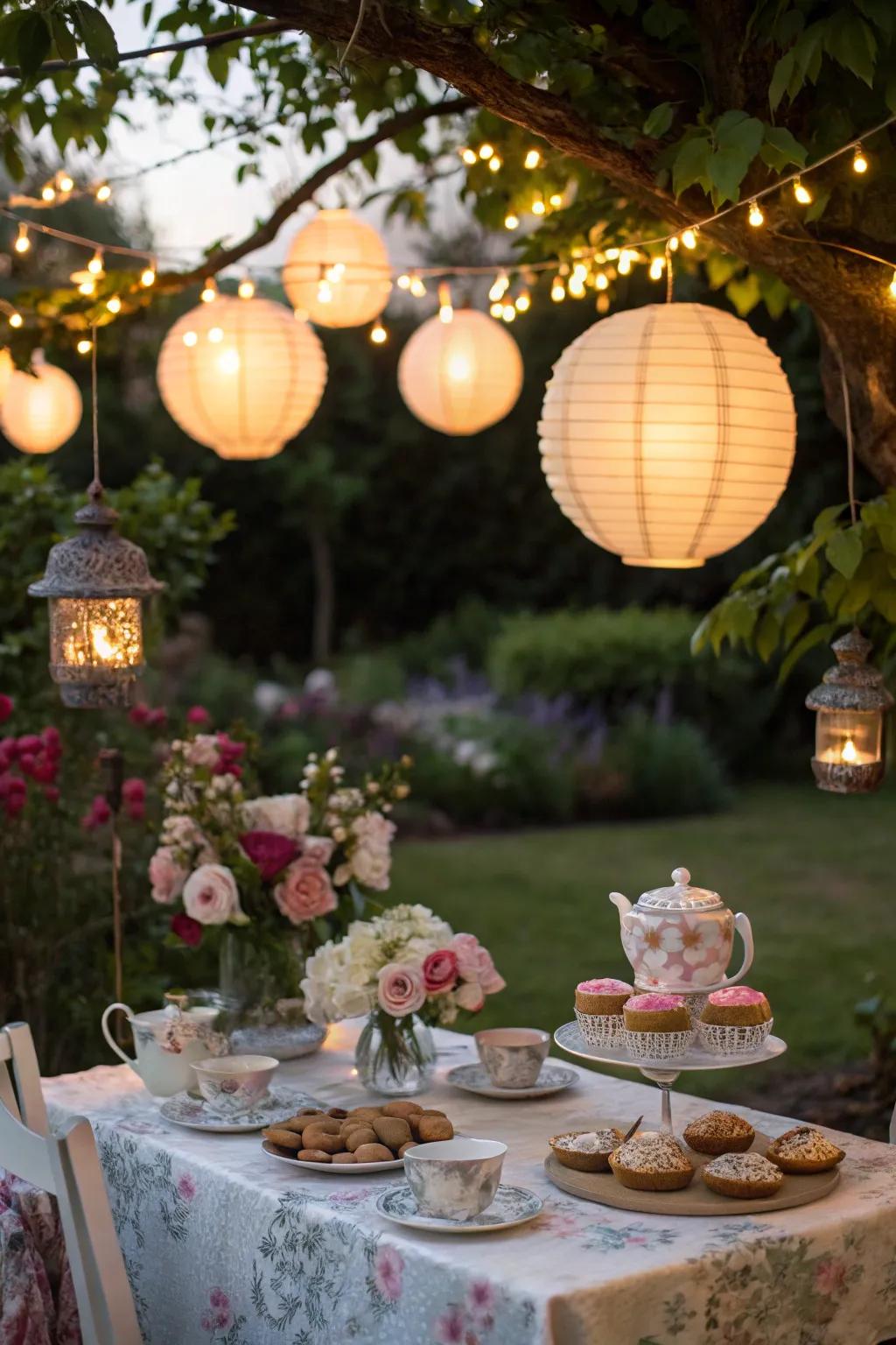 Twinkling lights introduce a magical detail to the garden as the sunlight sets.