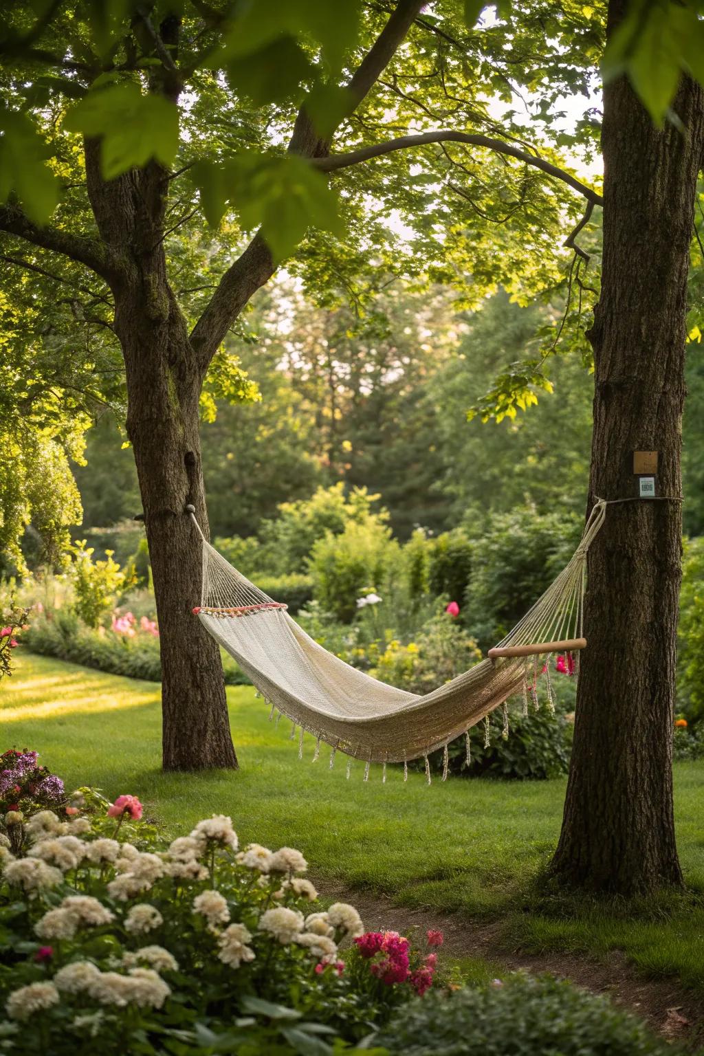 A tranquil hammock strung gracefully between garden trees.