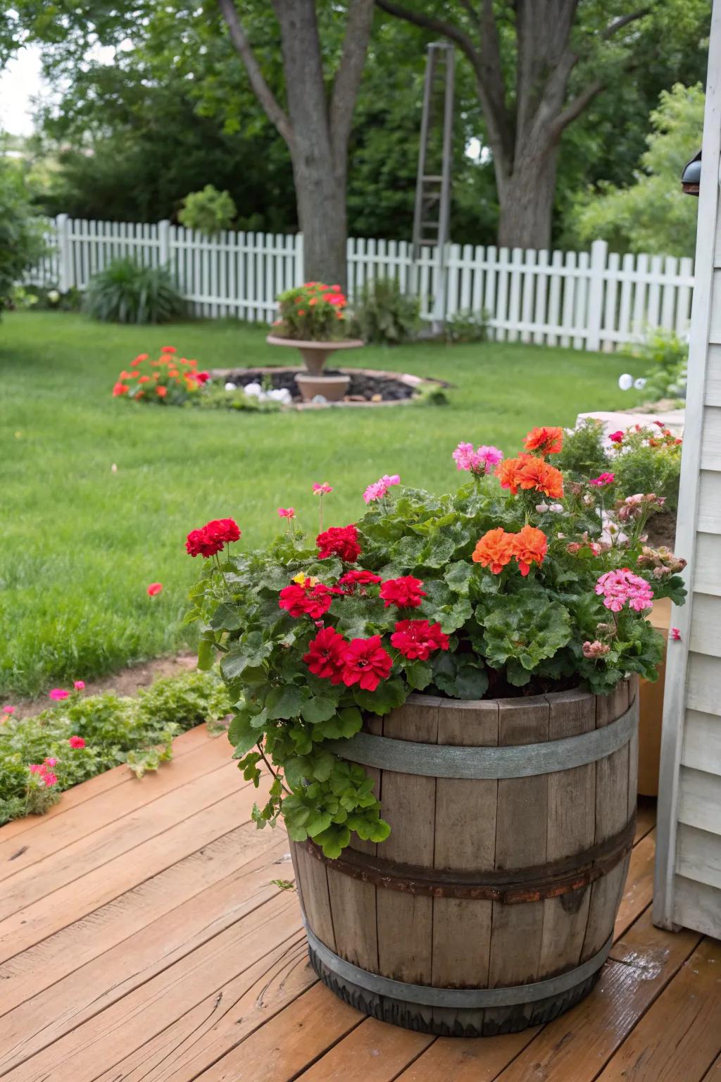 A rustic spirits cask garden brimming with vibrant geraniums.