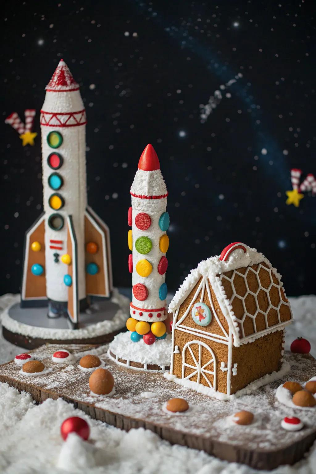 A gingerbread space station primed for an interstellar journey.