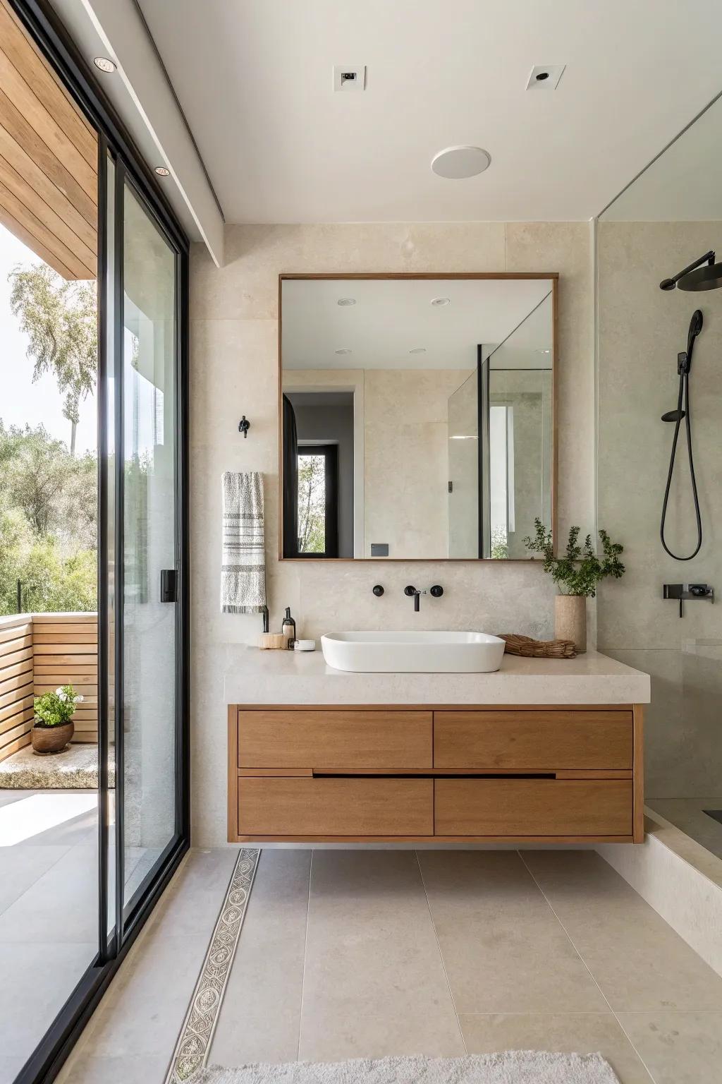 A minimalist bathroom showcasing a floating vanity.