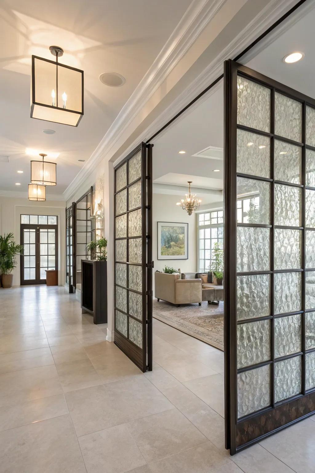 An open space with artistic crystal cube room dividers, offering separation with a clear style.