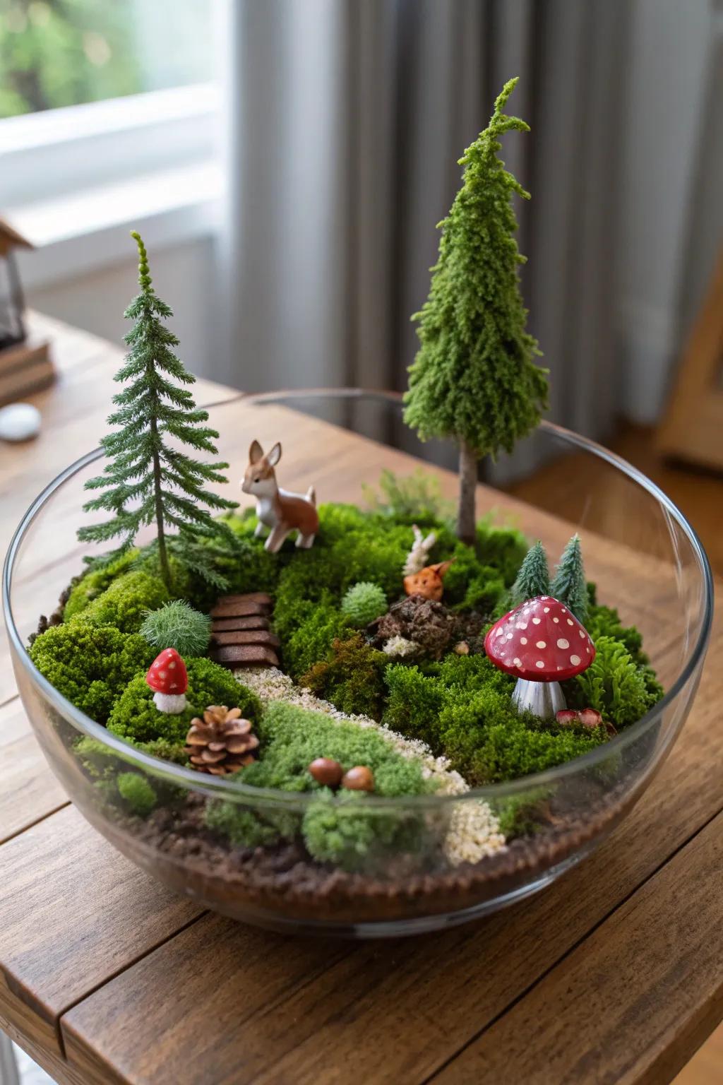 A sylvan fantasy panorama contained within a crystalline bowl.