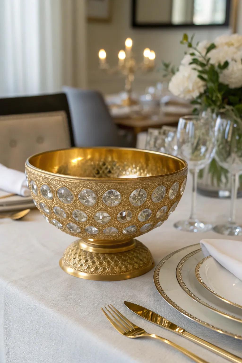 Luxurious gilded dish paired with crystal features.