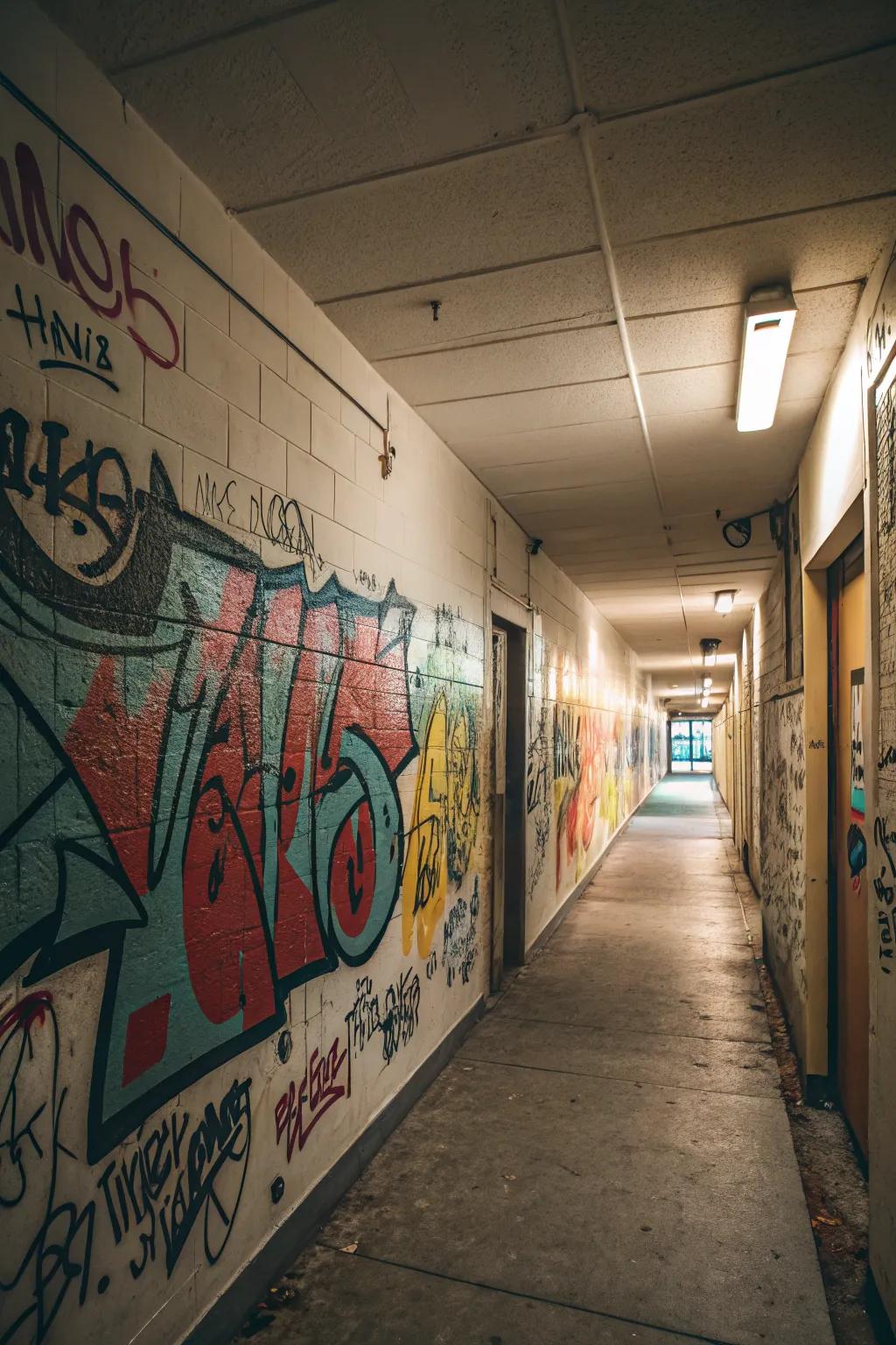 Hidden messages in graffiti sparking curiosity in a hallway