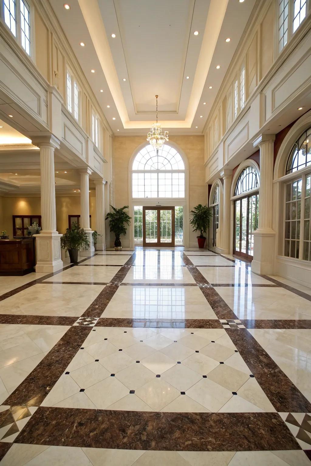 Dual-tone tiles fashion a dynamic and stylish floor in a grand foyer.