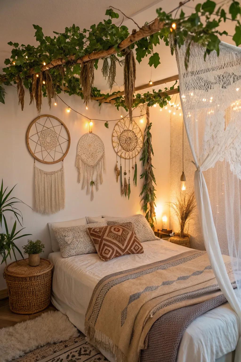 A bohemian grapevine swag introduces a dreamlike touch to a bedroom.