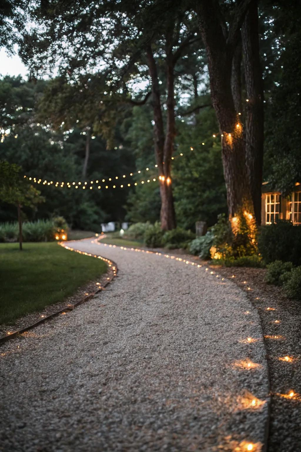 Illumination features beautifully highlight this gravel pathway at night.