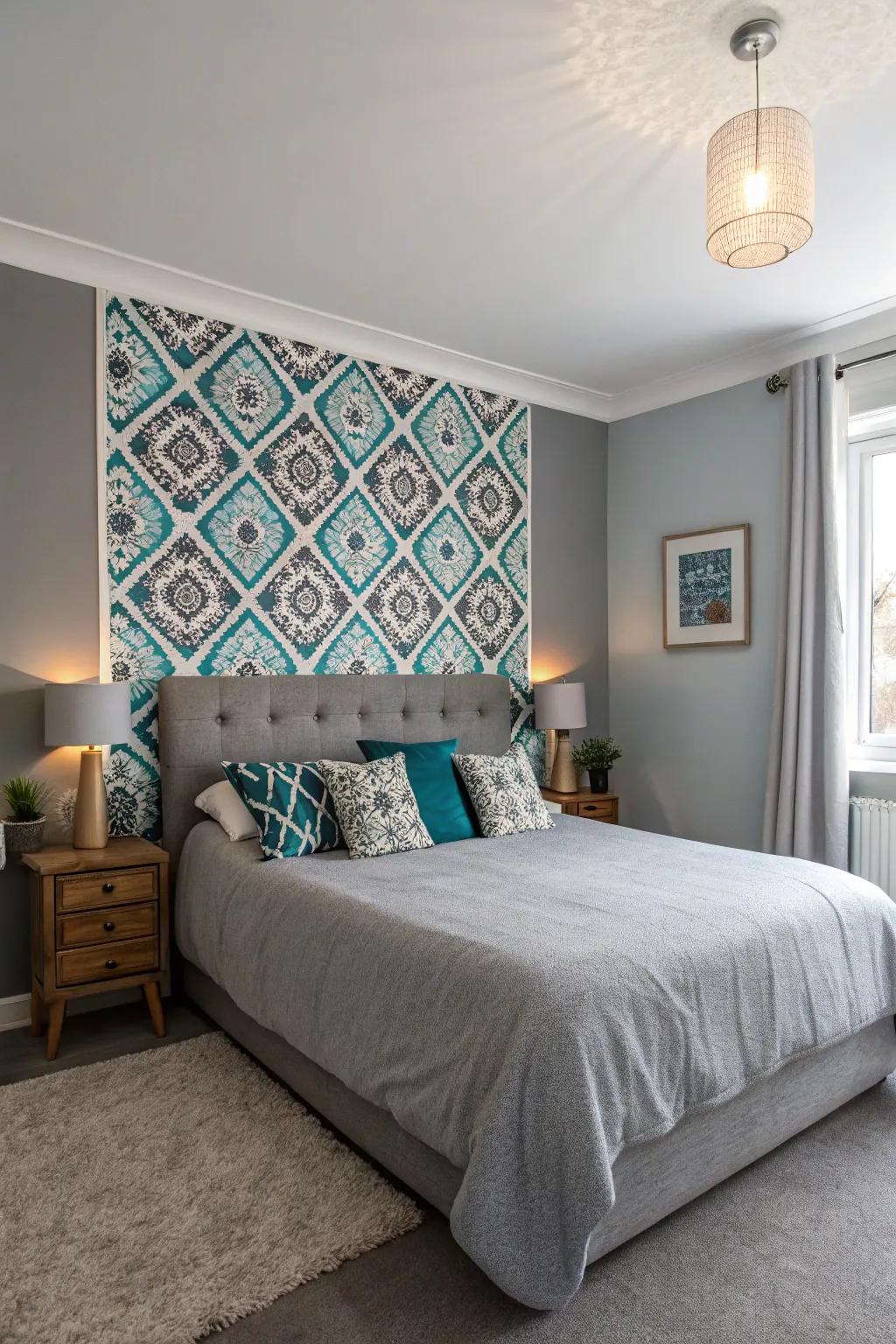An accentuated wall draws the eye and provides an aesthetic anchor for a gray bedroom.