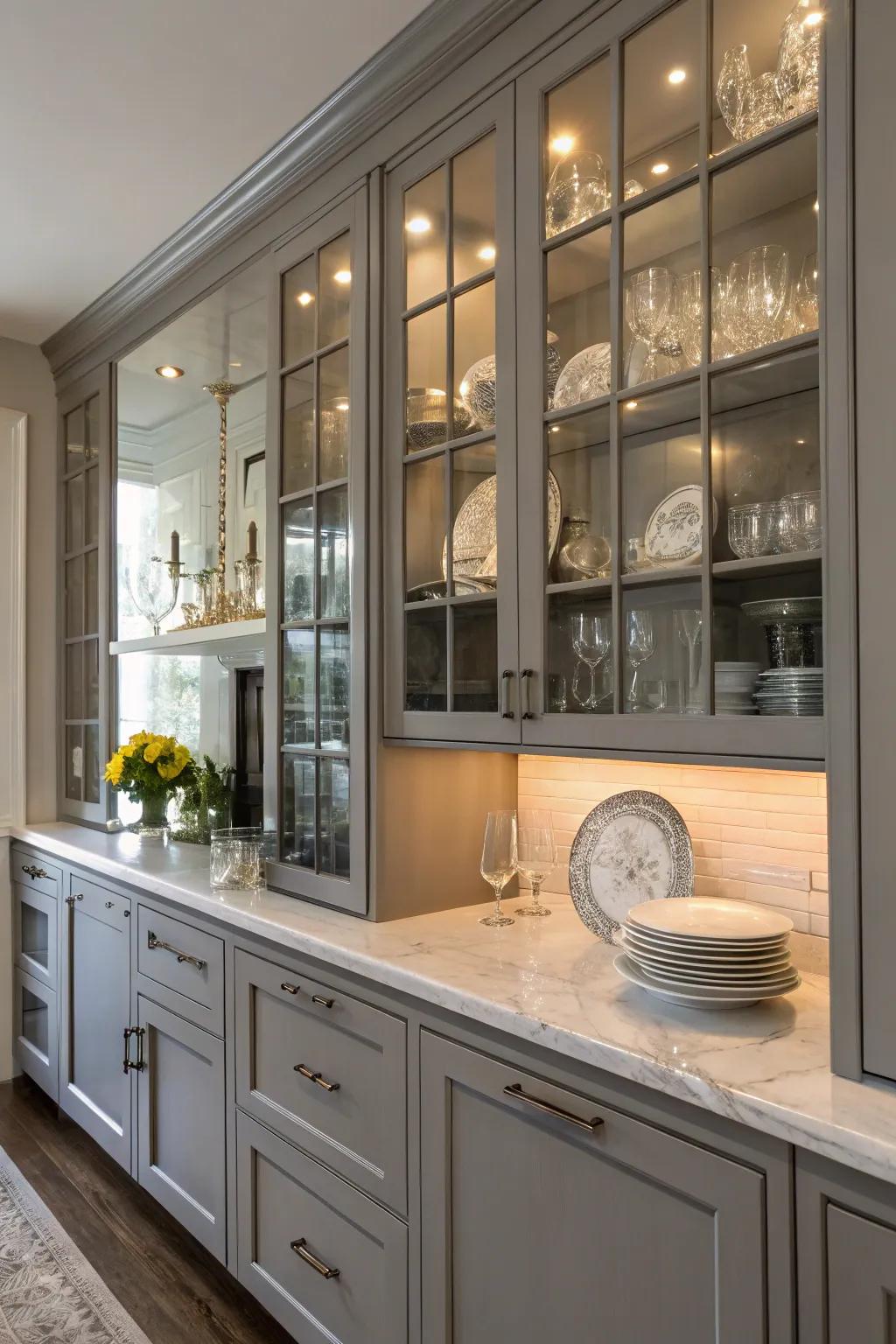 See-through paneling introduces openness and style to gray cabinetry.