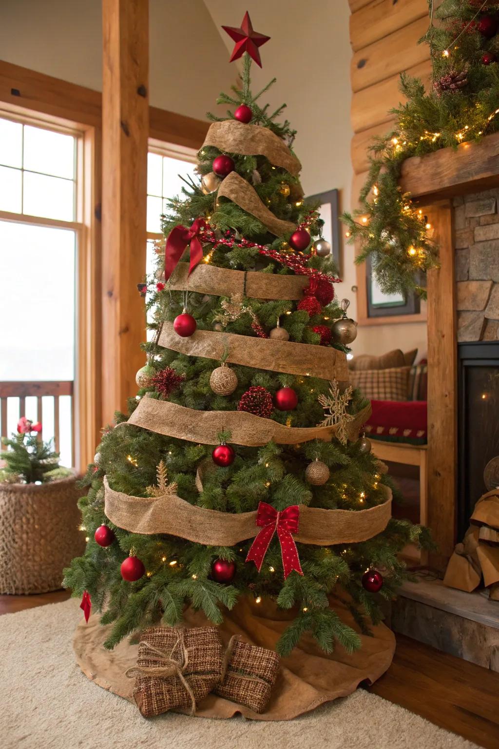 A rustic Christmas tree with charming red and green accents.