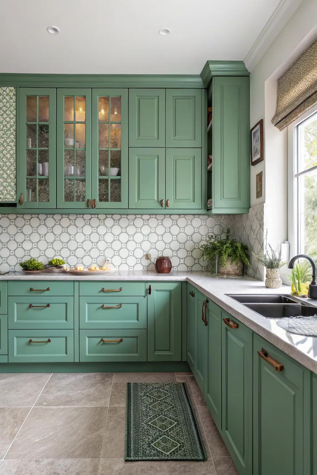 Blending different tones of green includes deepness to the cooking area design.