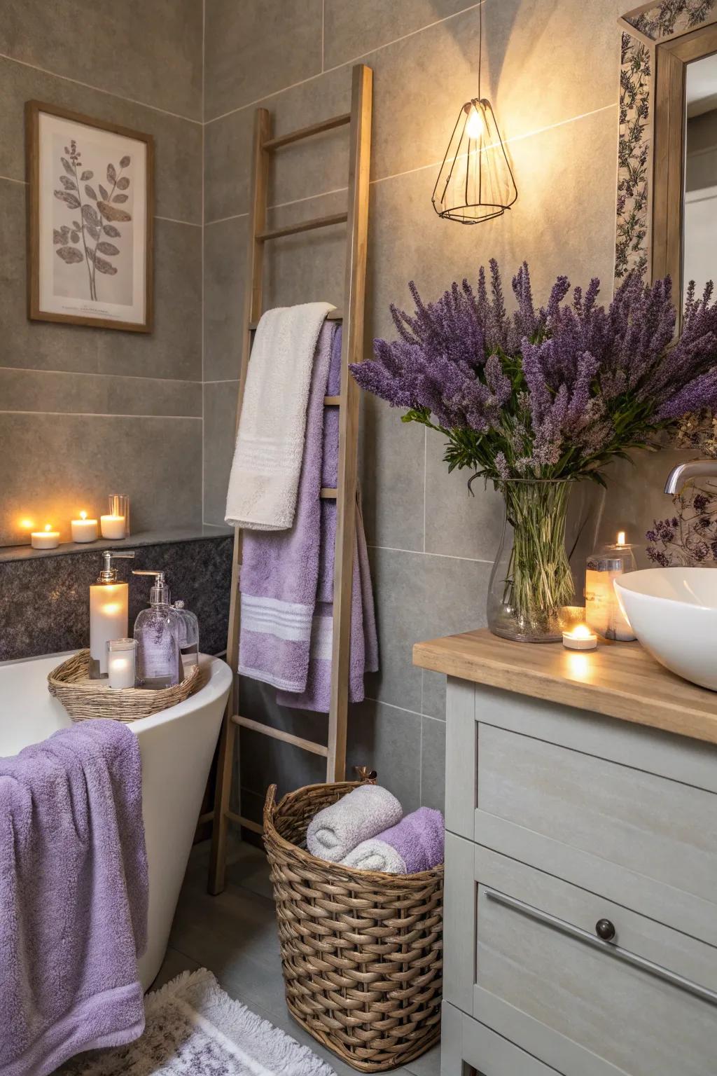 Grey and lilac cultivate an unexpectedly elegant and calming bathroom.