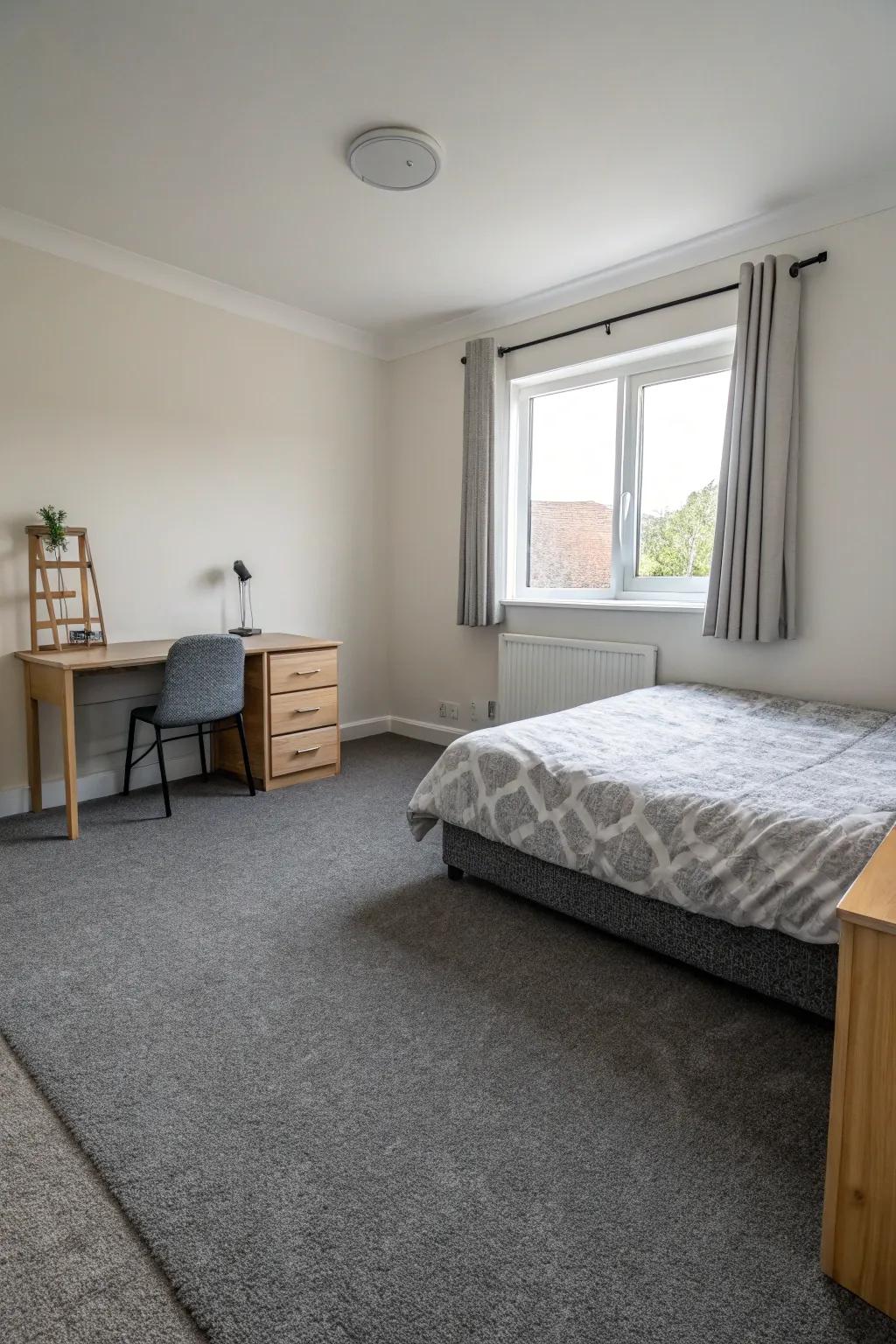 A minimal design allows the grey carpet to serve as the room's highlight.