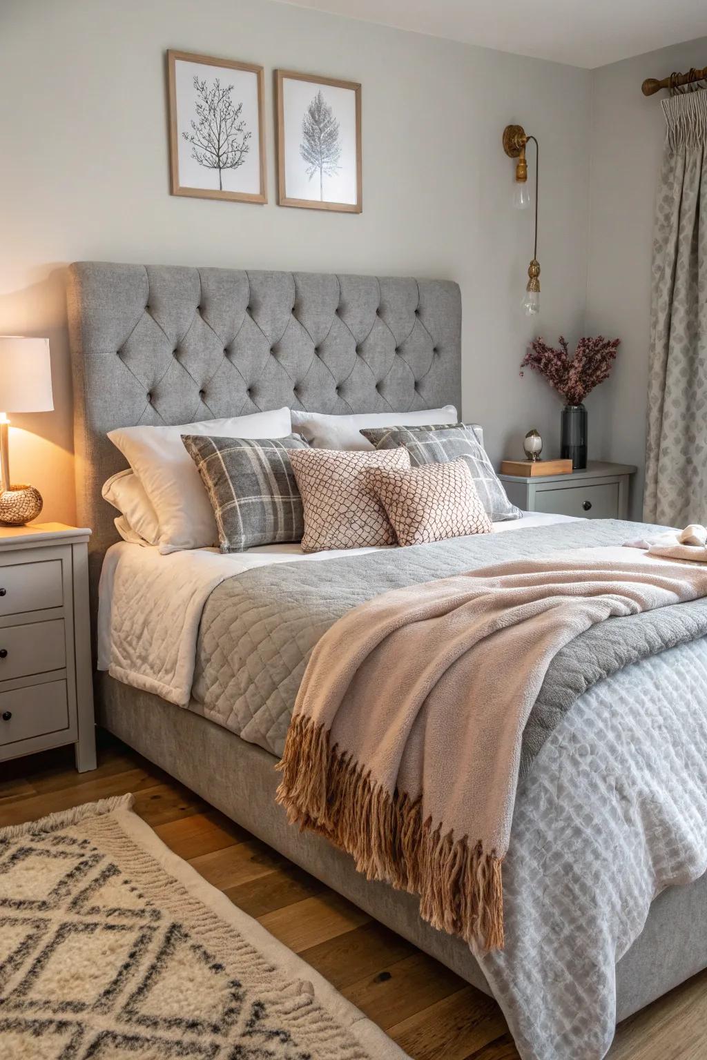 Layered textures bring depth and warmth to a bedroom with a grey headboard.