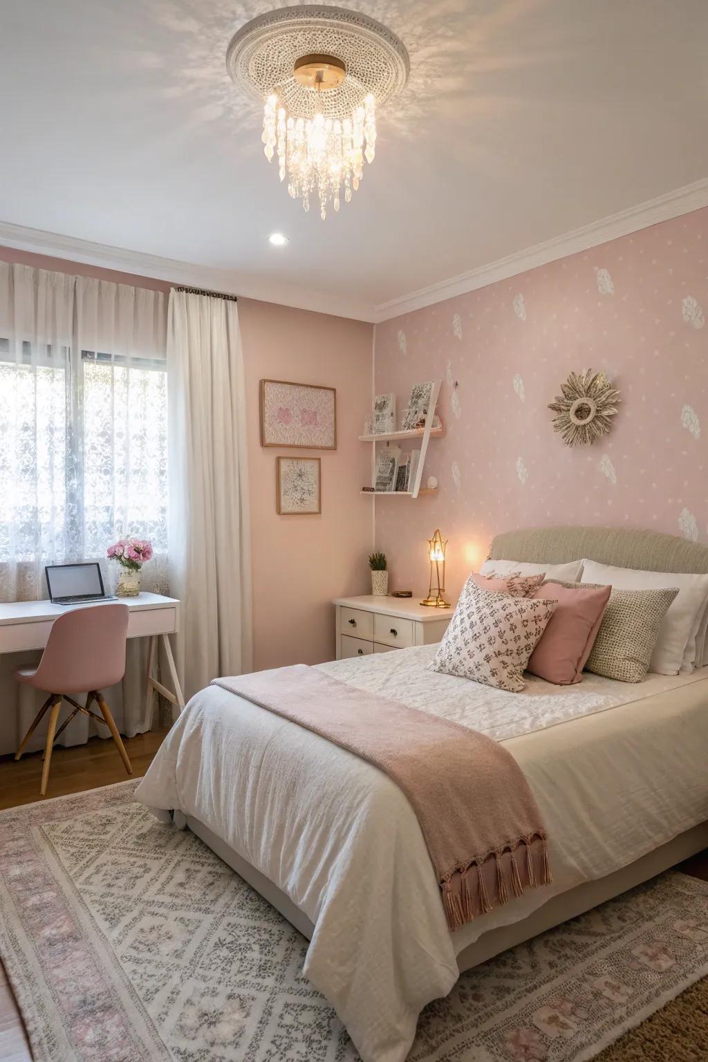 A guest room featuring delicate rose petal pink for a gentle ambiance.