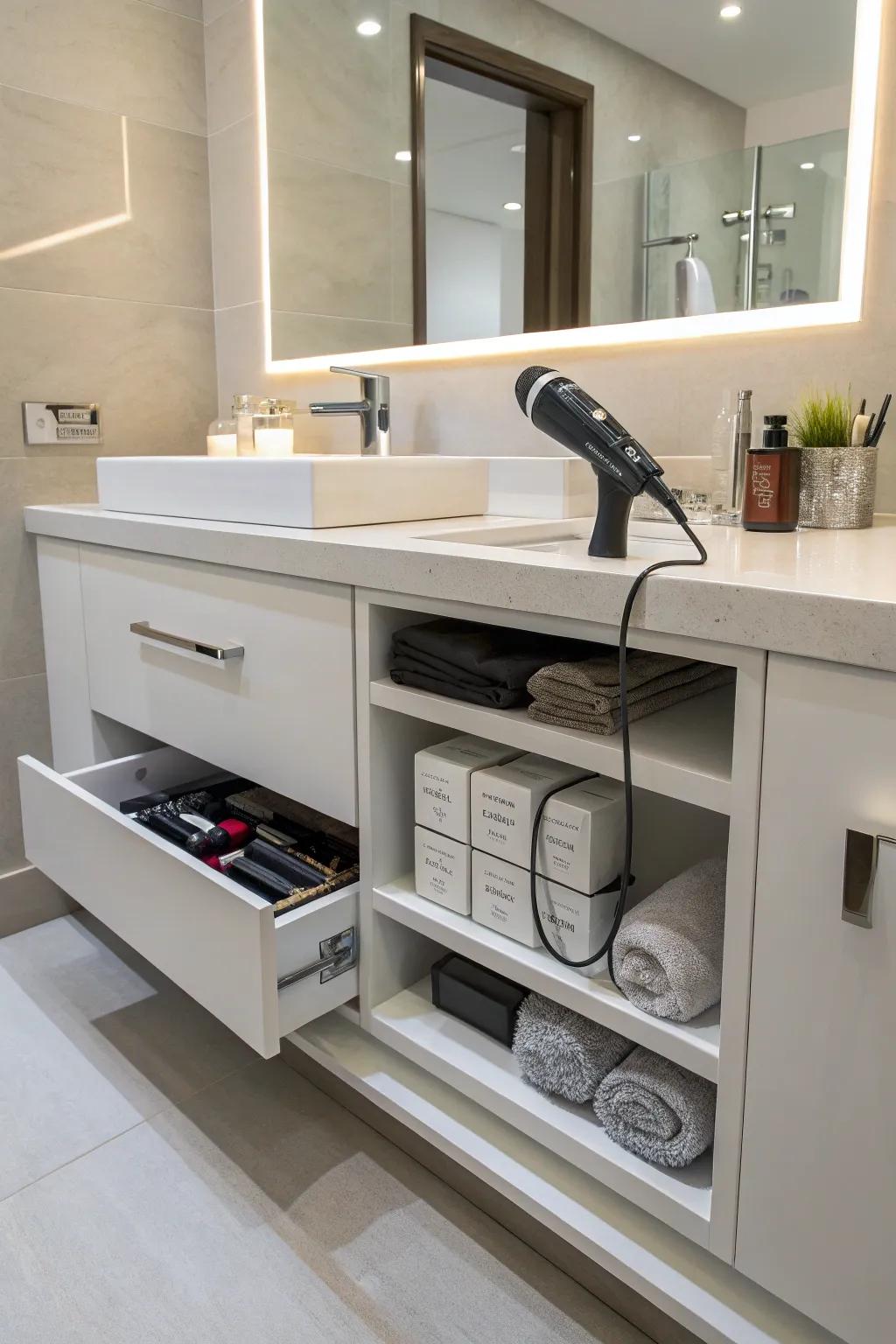 Streamlined built-in vanity cubbies encourage discreet and structured storage.