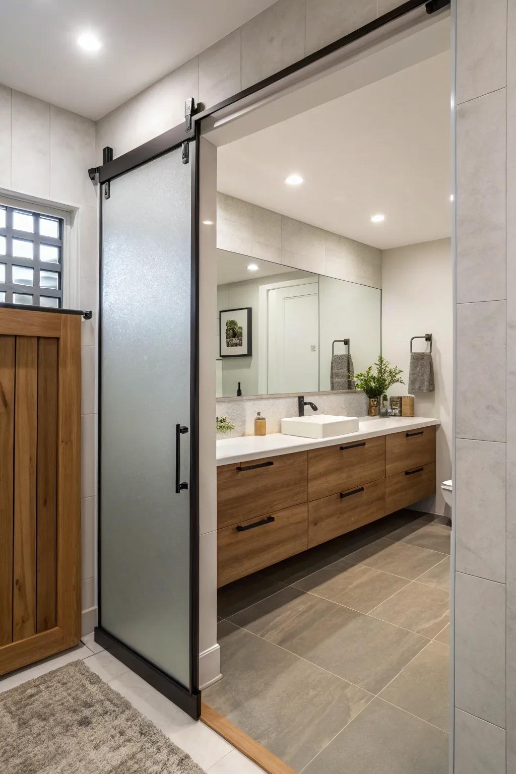 A gliding portal appends contemporary panache and conserves expanse in a hall bathroom.