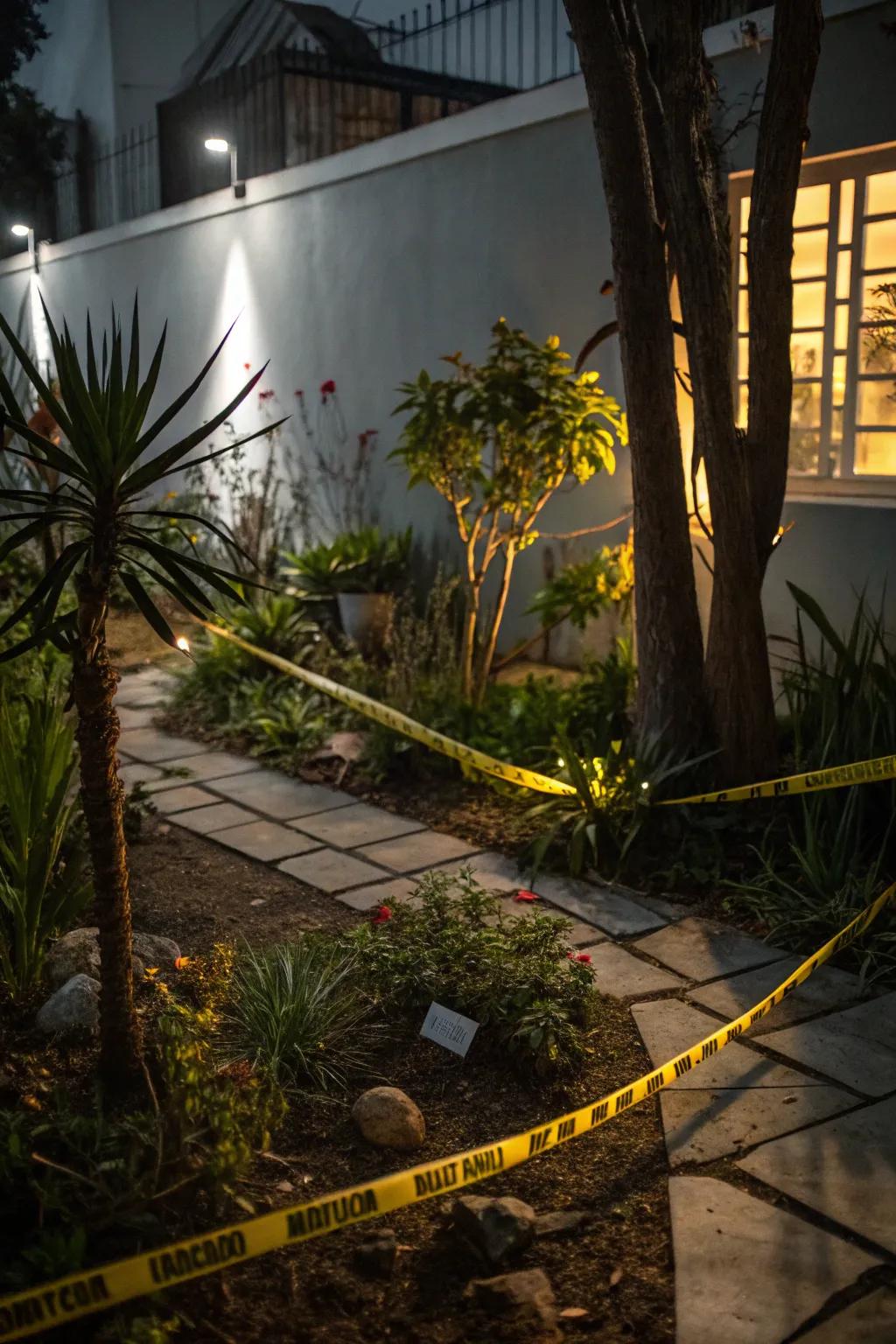 A ghastly garden enhanced with hazard tape and eerie lights.