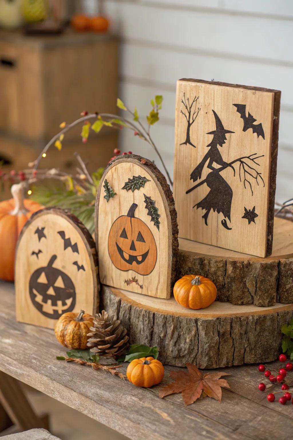 Rustic wooden plaques bringing nature into Halloween decor.