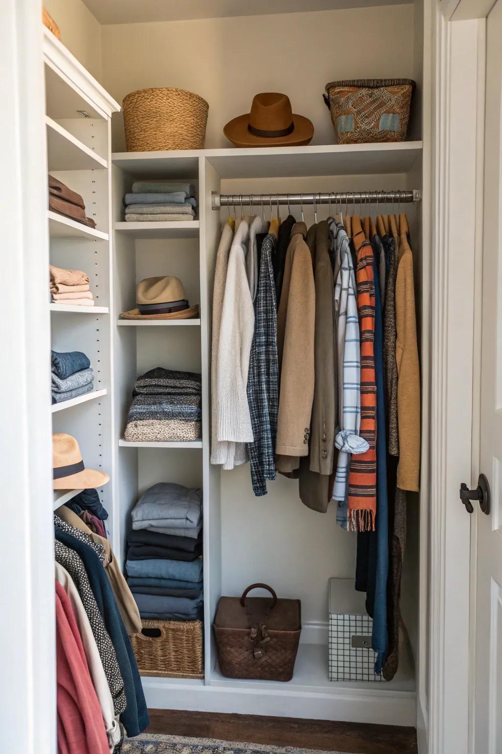 A seasonal system inside a hallway closet that provides arranged and timely access to items.