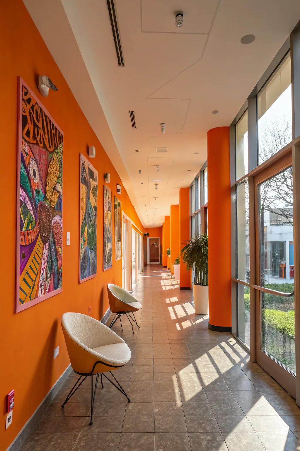 Tangerine hues convey a cheerful and energetic vibe to hallways.