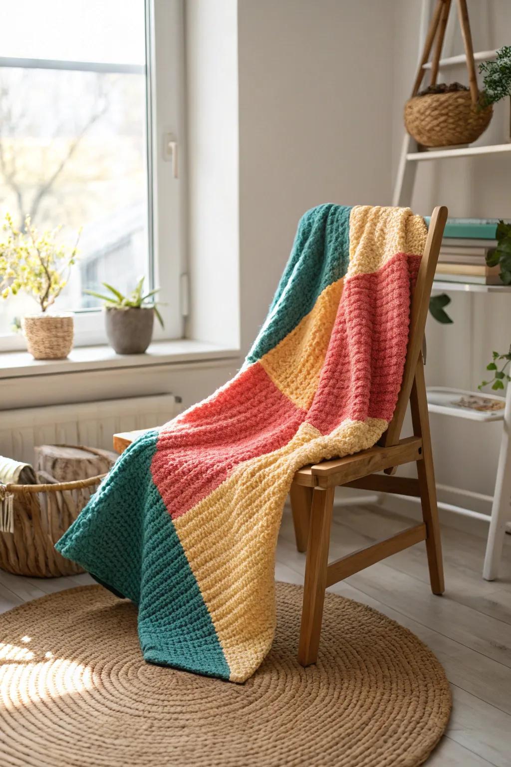 Brighten up your nursery with a vibrant color block baby blanket - a cozy blend of Scandinavian simplicity and Boho charm.