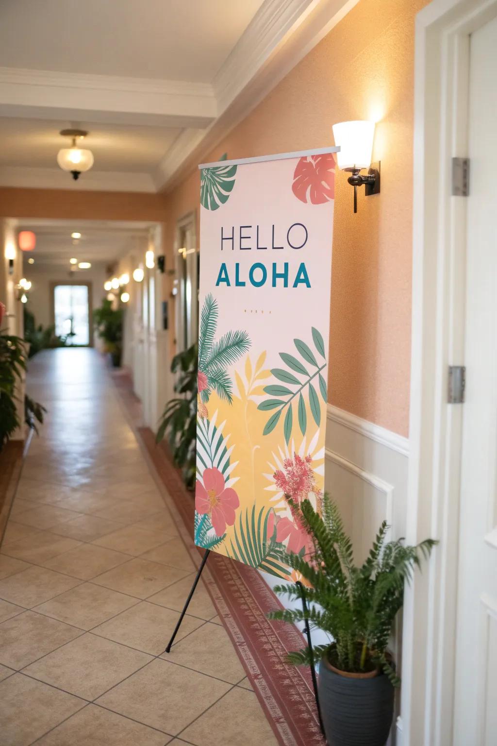 A visual with 'Hello Aloha' text offering a warm greeting in a hallway.
