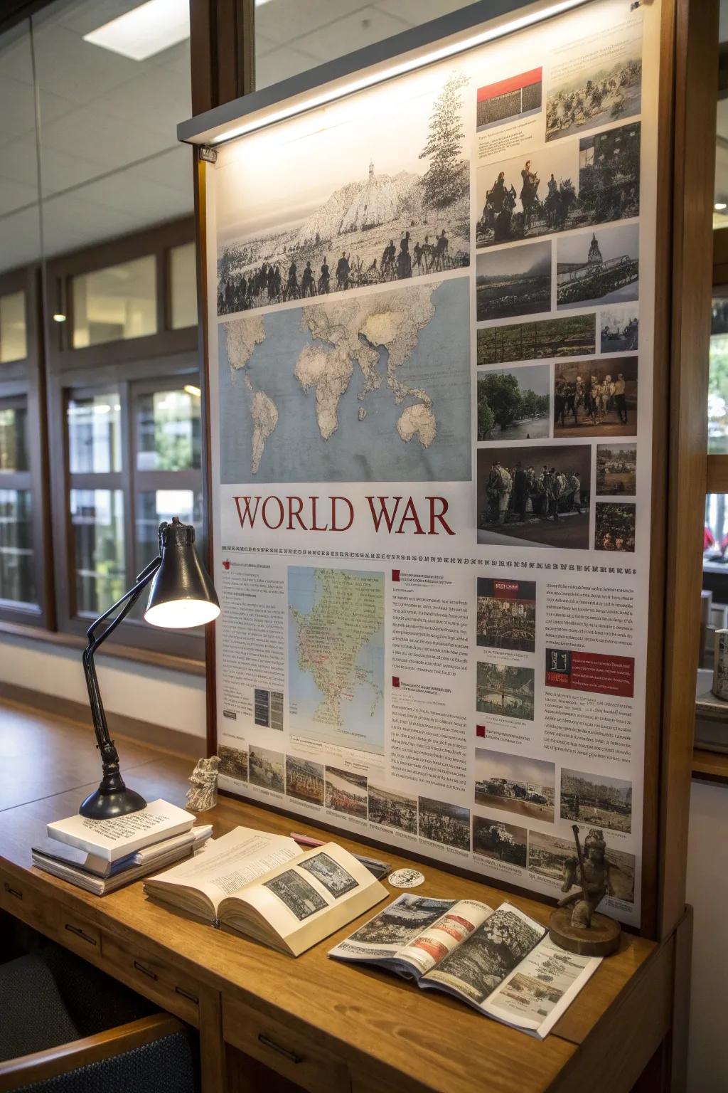 A global conflict exhibit that offers a powerful reflection within a study space.