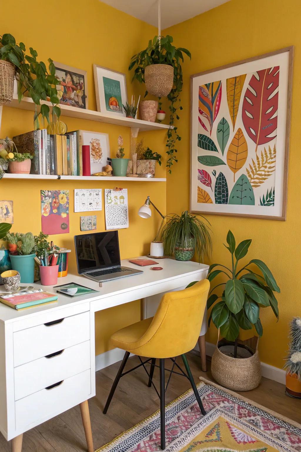 Gamboge partitions convey comfort and cheer to this inviting personal office.