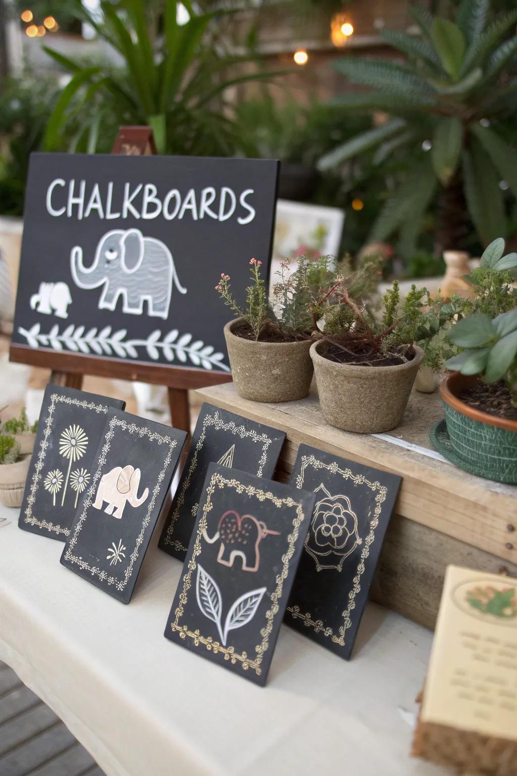 Personalized chalkboard and elephant showpiece.