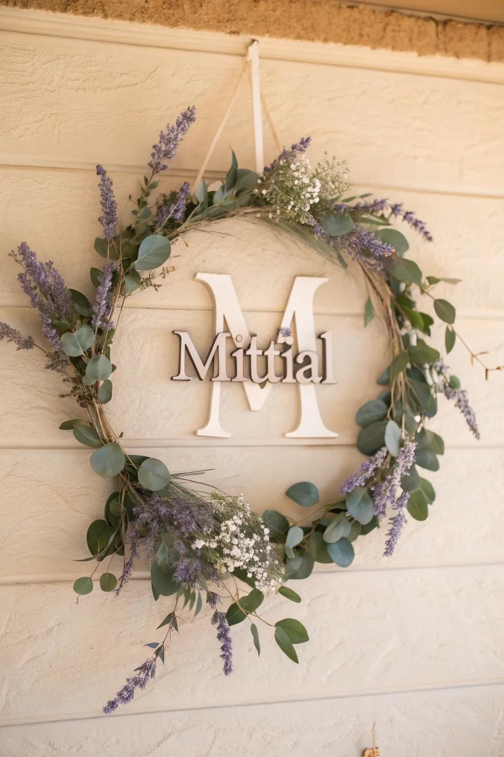 Elevate your entryway with a personalized emblem wreath that embodies simplicity and natural grace.
