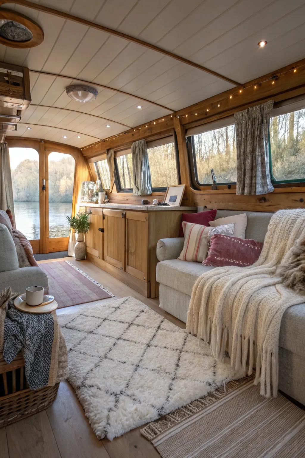 The textiles give the houseboat's decor warmth and comfort.