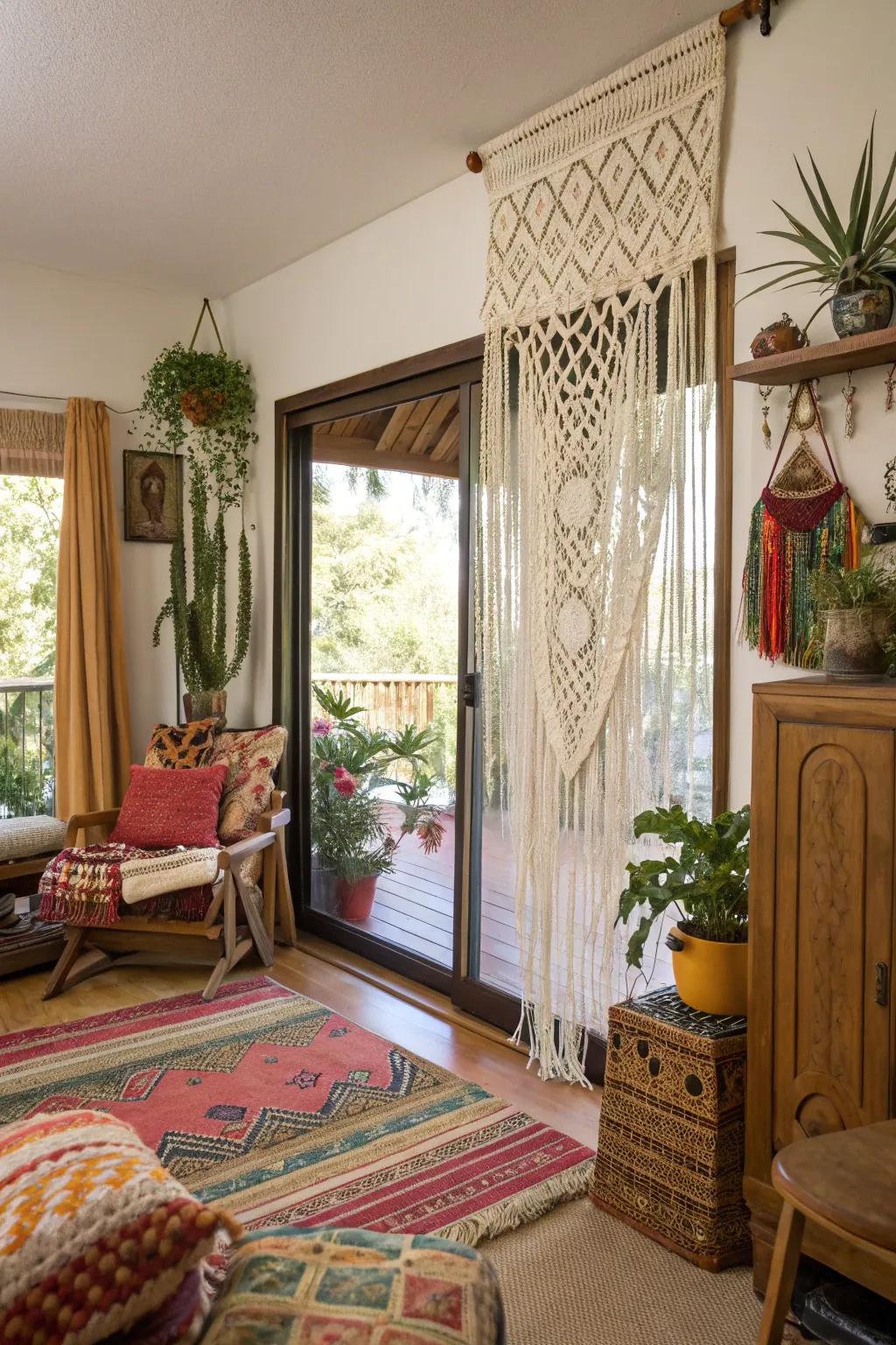 Macramé curtains bring handmade warmth and texture.
