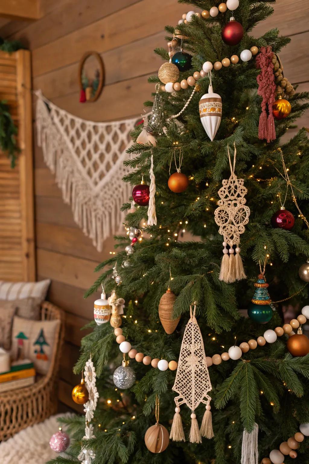 A bohemian Christmas tree showcasing eclectic decorations and macramé accents.
